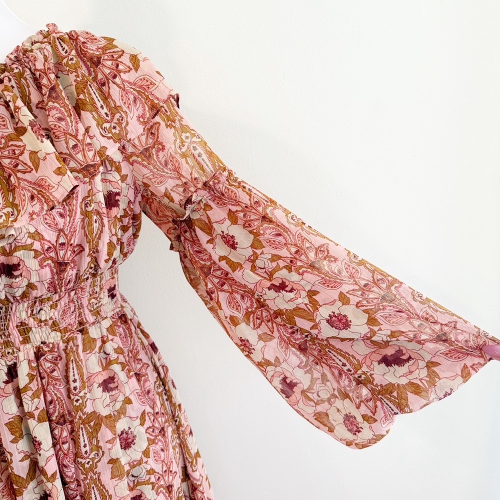 MISA VOLA PINK CREAM BROWN FLORAL RUFFLE ONE SHOULDER LONG SLEEVE MIDI DRESS - Picture 3 of 12